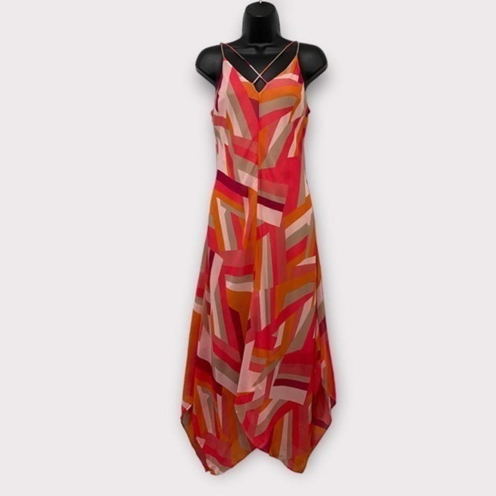 Calvin Klein Pink & Orange Geometric Sheer Midi Dress Size 4
